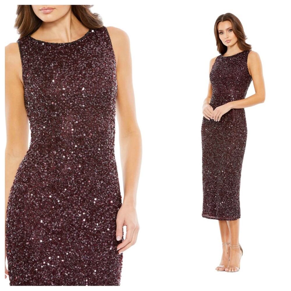 Mac Duggal Burgundy Sequin Midi Dress